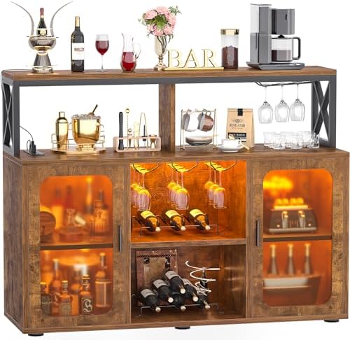 Bar Cabinet with Power Outlets, Liquor Cabinet with Led Lights and Glass Holder