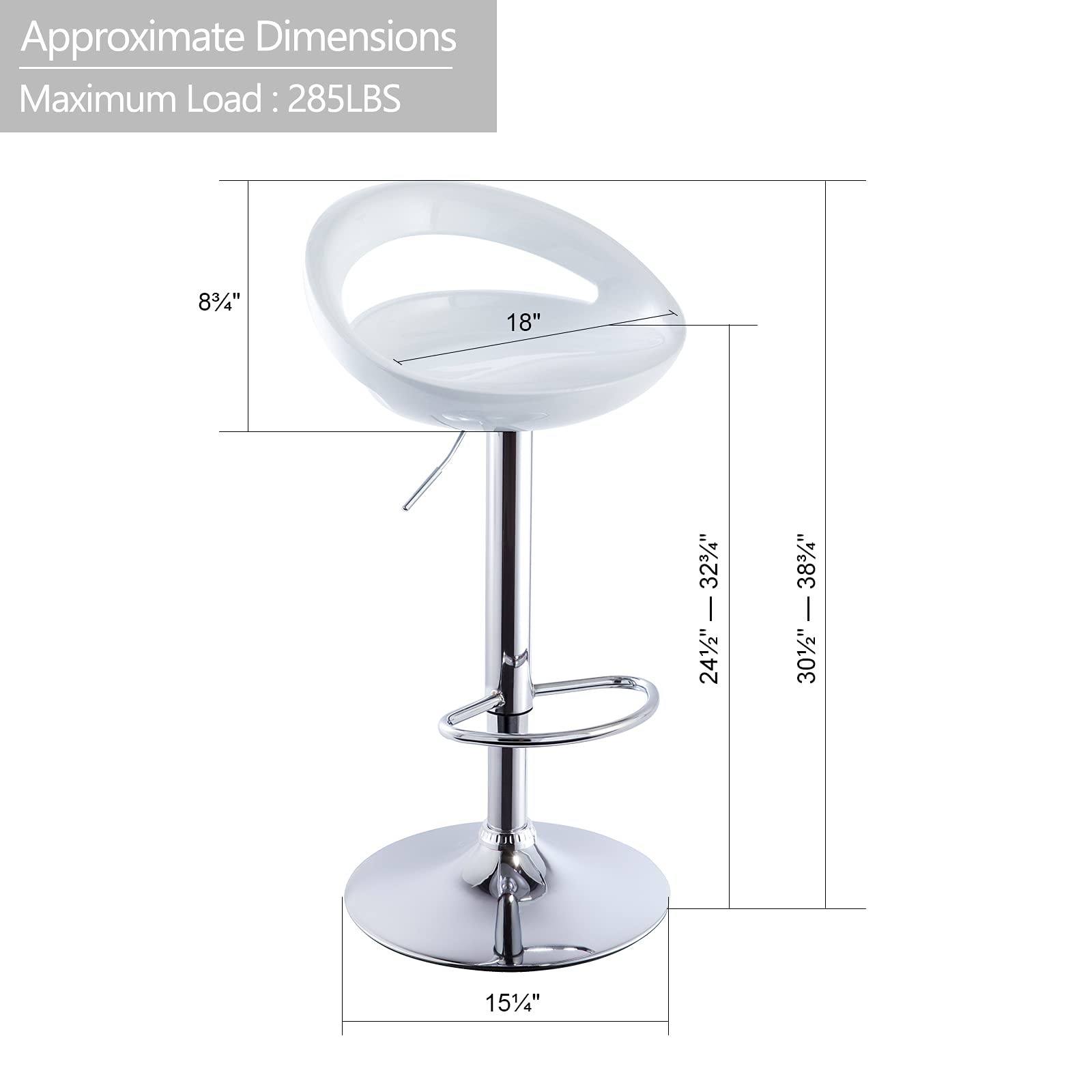 2 ABS Barstools White Adjustable Swivel Bar Chairs 2 PCS for Kitchen Island Pub Bar