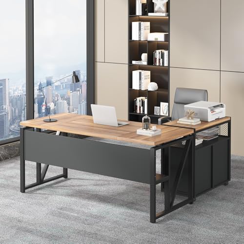 63" Executive Desk with Reversible File Cabinet, Large L-Shaped Office Desk