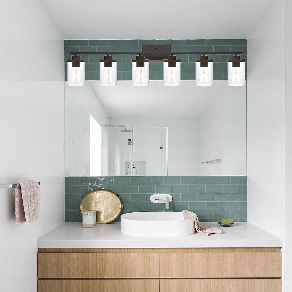 Farmhouse Vanity Lighting Fixtures Oil Rubbed Bronze 6 Light with Glass Shade Bathroom