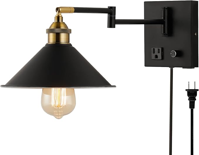 Wall Mount Light with Dimmable Switch, Swing Arm Fabric Shade Wall Sconce