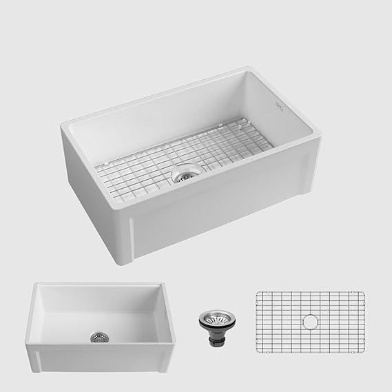 32 Inch White Fireclay Undermount or Drop-In Kitchen Sink, Single Bowl, Large Capacity