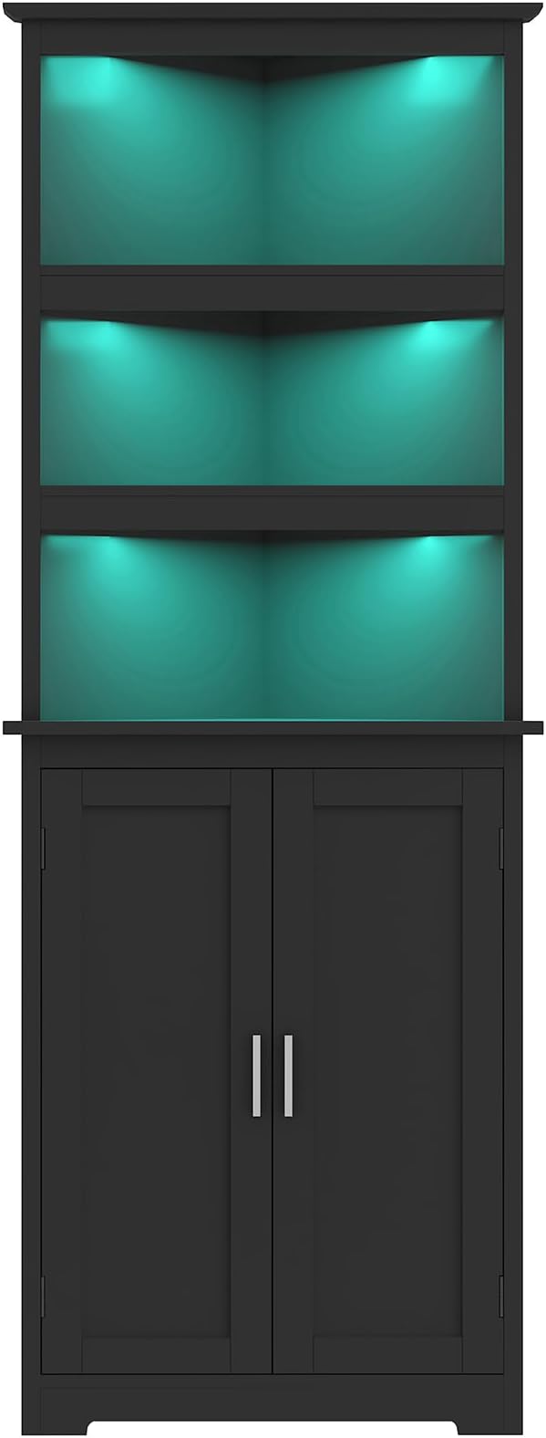 Tall Corner Cabinet with LED Lights, 5-Tier Bathroom Corner Cabinet,living room