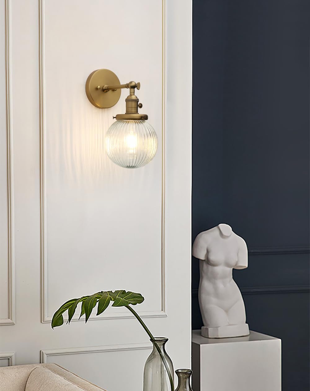 Vintage Industrial Wall Sconce Lighting Fixture with Mini 5.9" Round Clear Globe Ribbed