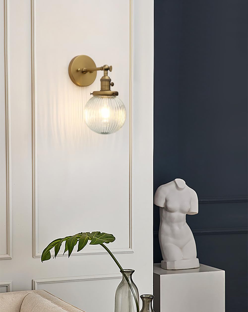 Vintage Industrial Wall Sconce Lighting Fixture with Mini 5.9" Round Clear Globe Ribbed