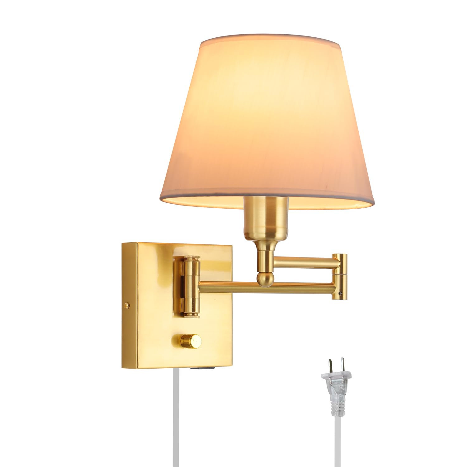 Wall Mount Light with Dimmable Switch, Swing Arm Fabric Shade Wall Sconce