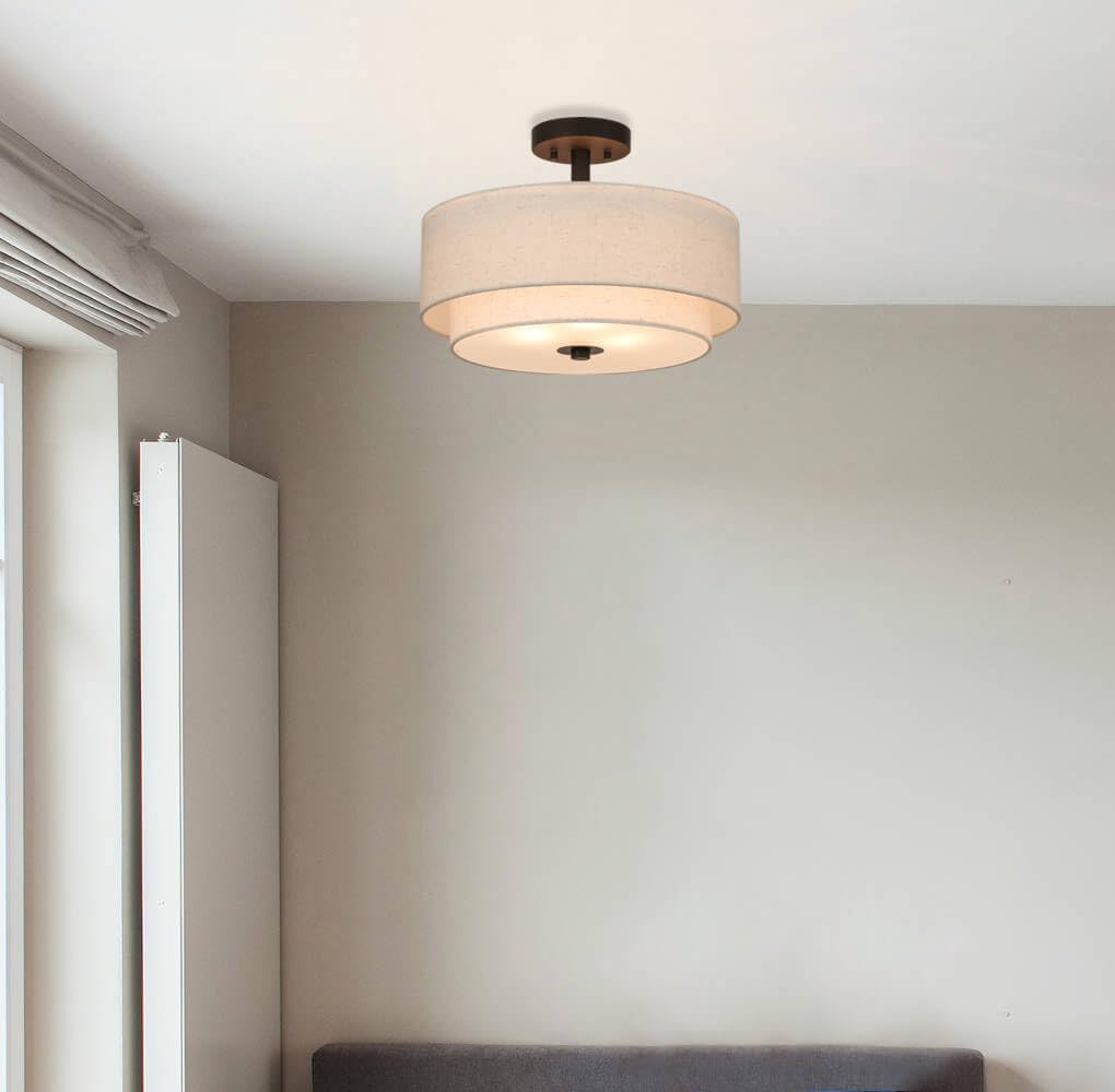 Drum Semi Flush Light, 3 Light Semi Flush Mount Ceiling Light Fixture with Fabric
