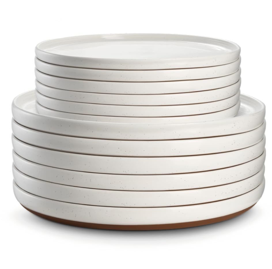 8.5"/10.5" Ceramic Dinner Plates Set of 12, White Plates with speckle