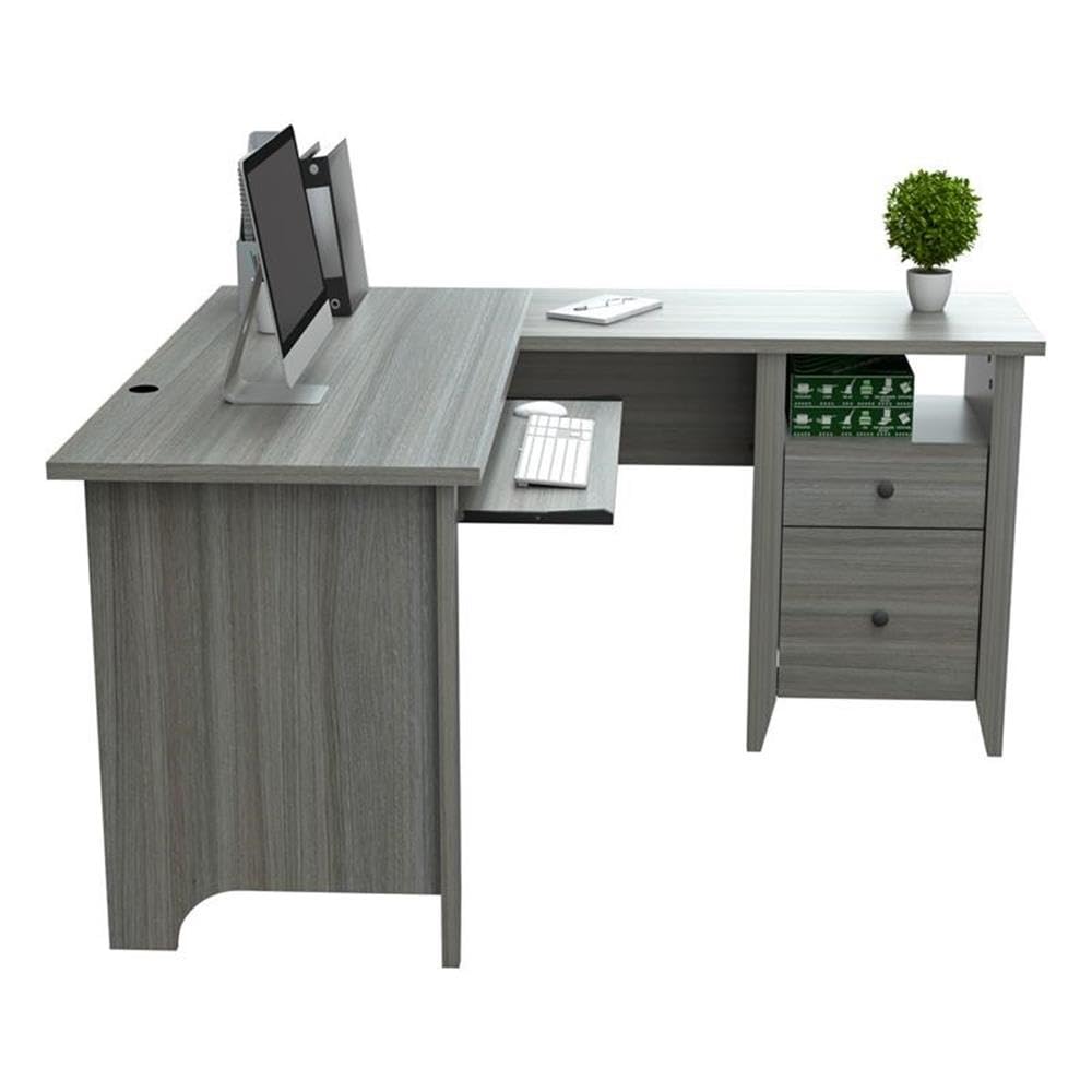2-Drawer L-Shaped Computer Desk with Pull-Out Keyboard Tray, Cubicle Storage