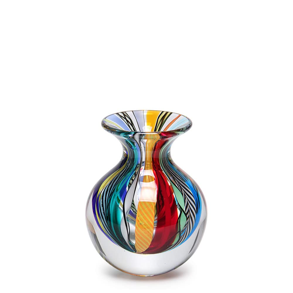Glass Vase Boho with Colored Canes Hand Blown Murano-Style Art Glass