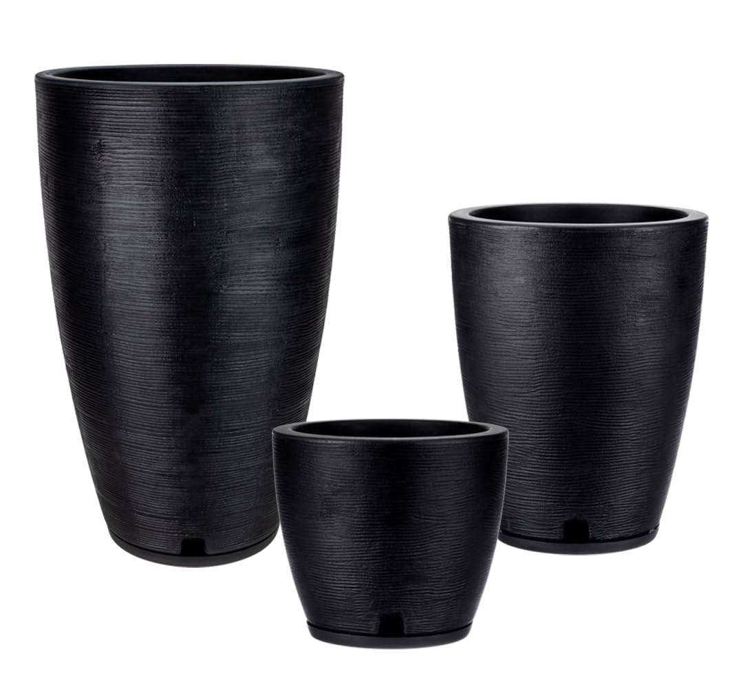 Plastic Plant Pot, Black, Set of 3 (11+17+25 inch) with Drainage Hole and Saucer