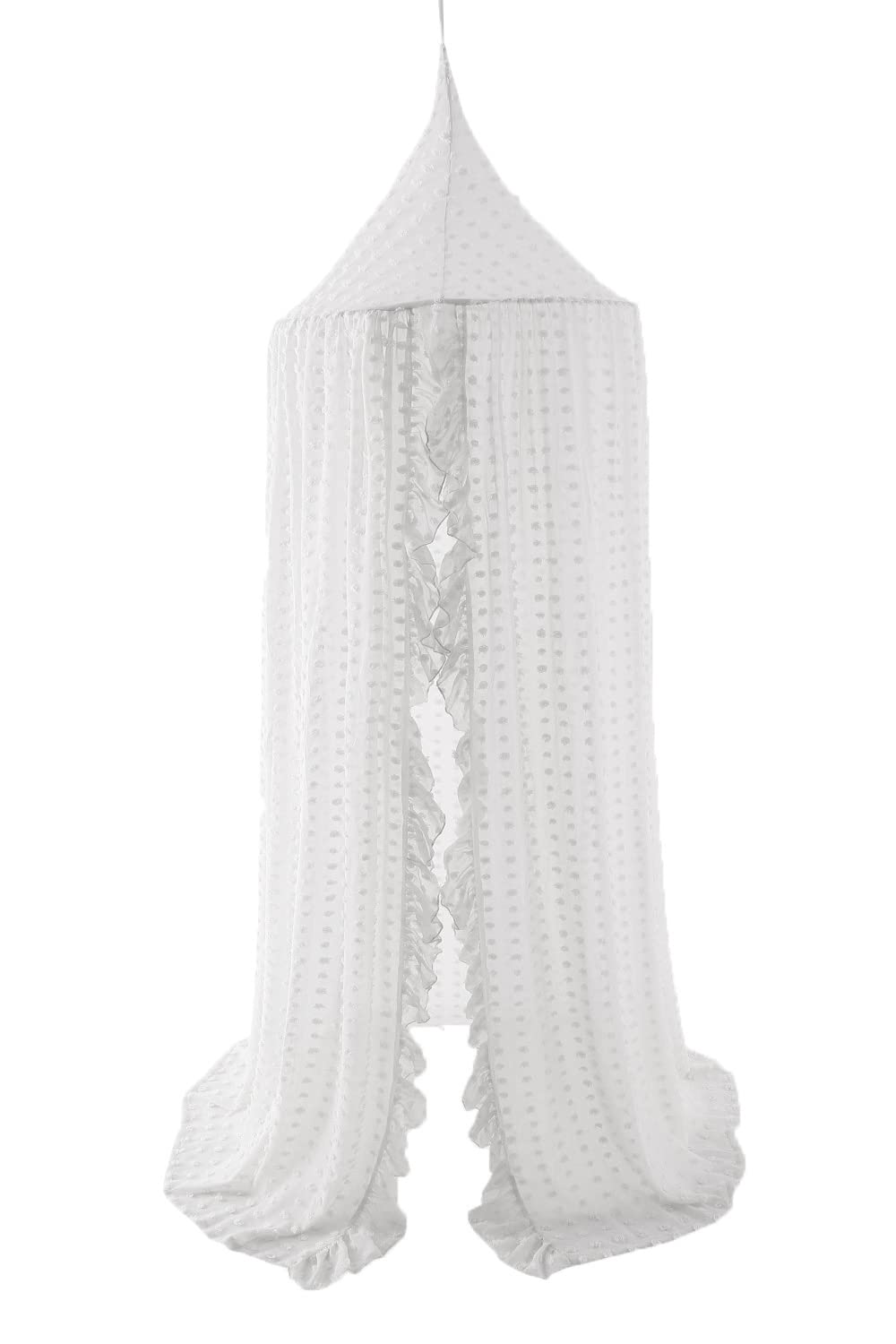 Elegant Kids Bed Canopy - Lace Chiffon Netting with Pom Pom, Princess Girls Fairy Dream