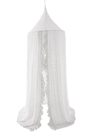 Elegant Kids Bed Canopy - Lace Chiffon Netting with Pom Pom, Princess Girls Fairy Dream