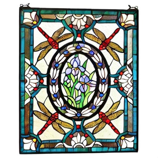 W10031 Dragonfly Iris Flower Tiffany Style Stained Glass Window Panel with Chain, Rectangular Shape, 19" W x 25" H