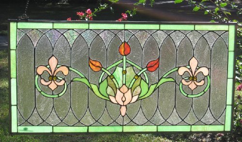 Stained Glass Transom Window Panel Fleur De Lis 32" x 16"