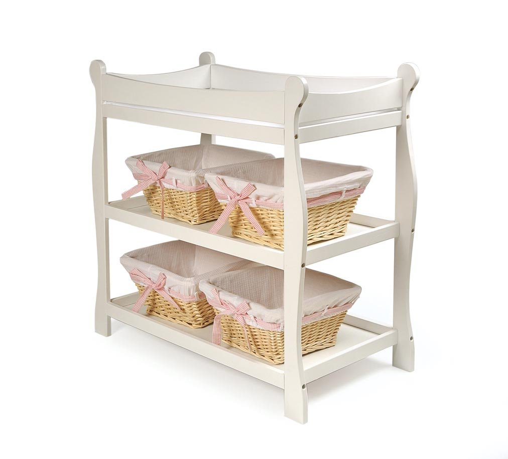 Sleigh Style Baby Changing Table with Pad, Nursery Furniture with Storage - White