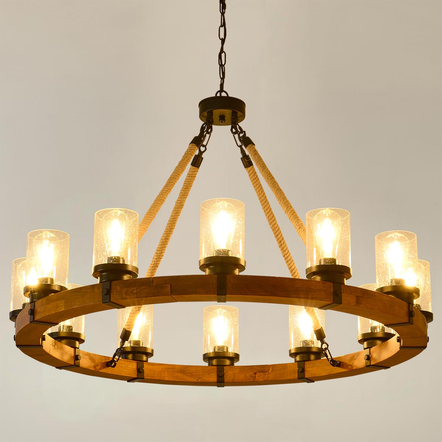 12 Light Wagon Wheel Chandelier, Round Wood Pendant Light