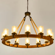 12 Light Wagon Wheel Chandelier, Round Wood Pendant Light