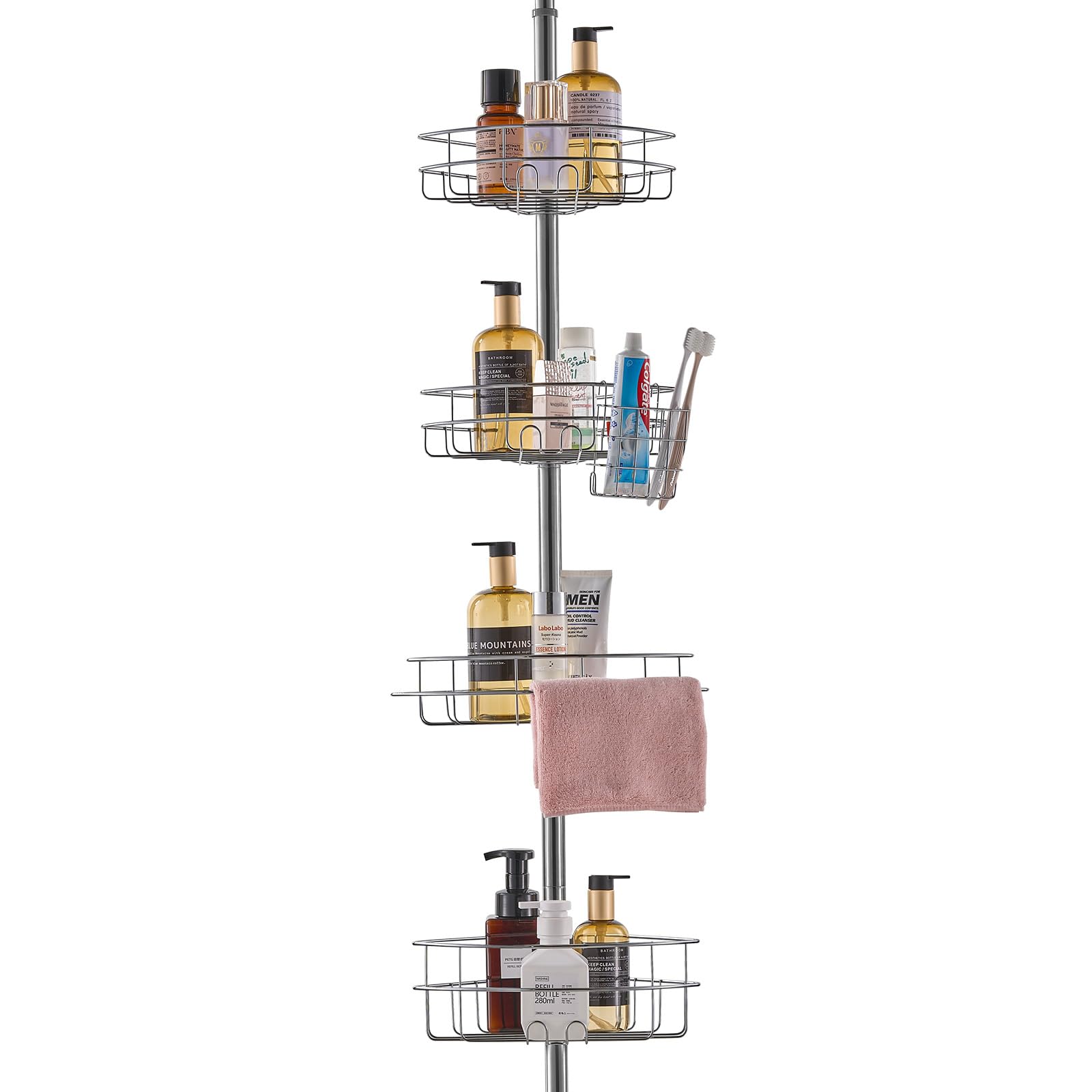 Shower Corner Caddy Tension Pole, 56" to 114" High, Multi-Functional Shower Tension Pole with Strong Load-Bearing Tray, Rust-Proof Easy-to-Install, Fit for Bathroom & Washroom