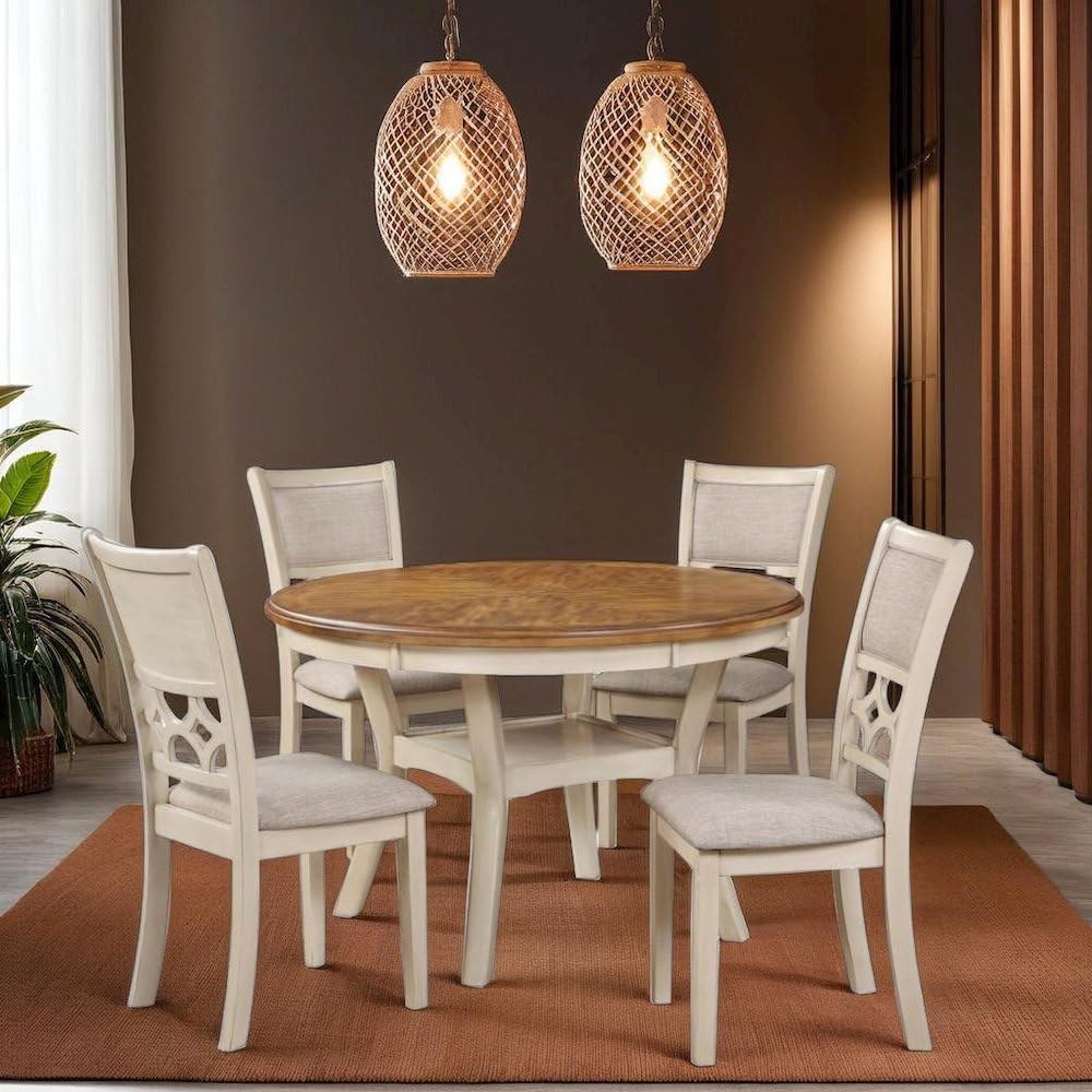 5-Piece Solid Wood Dining Set in Brown and White for Modern