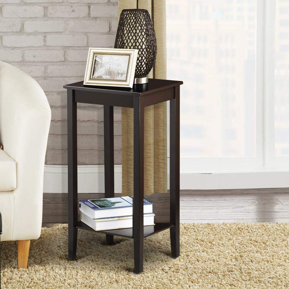2-Tier Tall End Table with Storage Shelf and Solid Wood Legs, Sofa Side Table