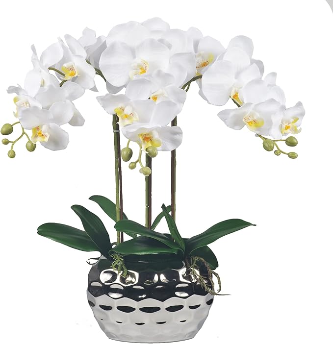 Artificial Orchid Plants & Flowers Arrangement in Ceramic Pot, Fake Faux White Orchid