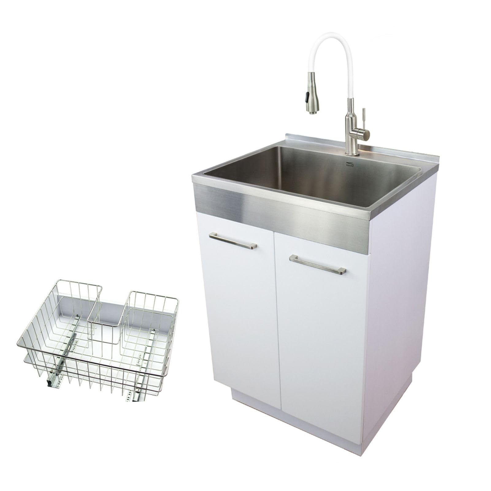 24-in All-in-One Laundry Cabinet Sink, Stainless Steel High Arc Faucet, and Basket, White
