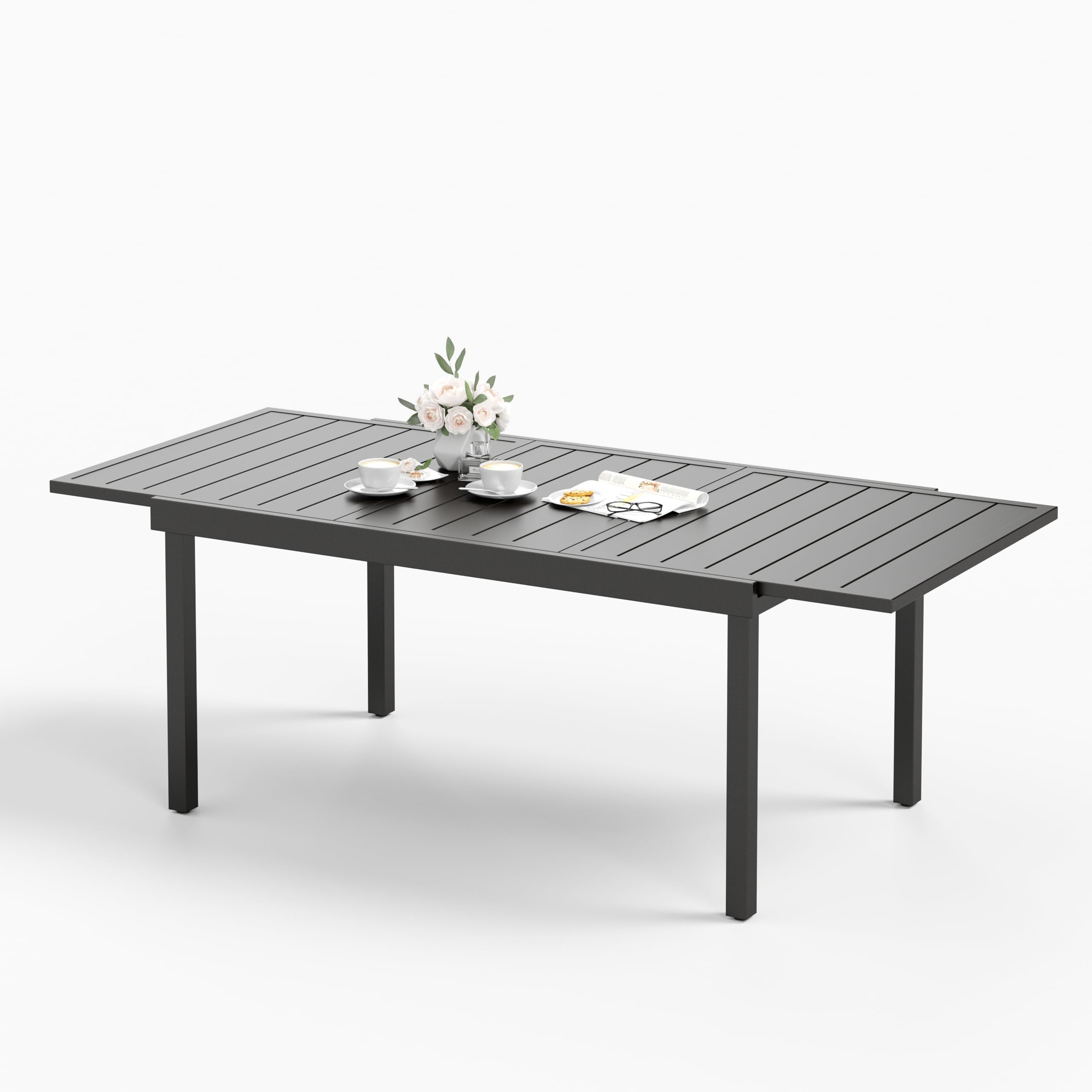 Black Expandable Patio Dining Tables Metal Outdoor Table for 6-8 Person