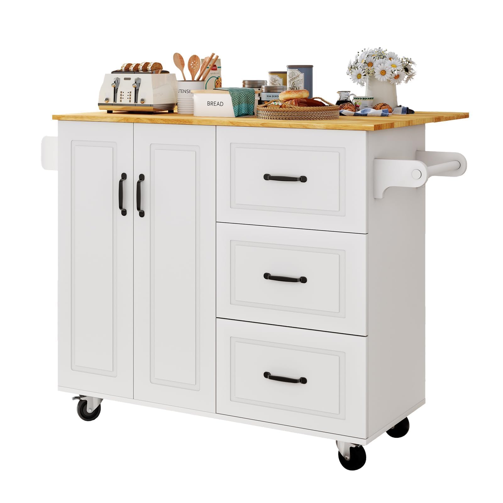 Rolling Kitchen Island with Storage, 43" Kitchen Island Cart with Drop Leaf & Spice