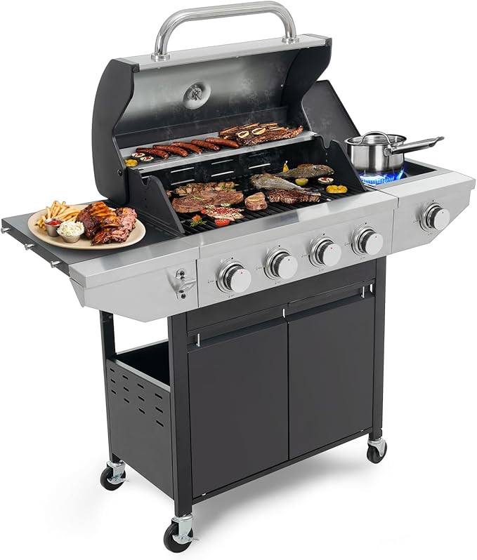 4 Burners Gas Grill with Side Burner, Propane Grill with Wheels and Storage