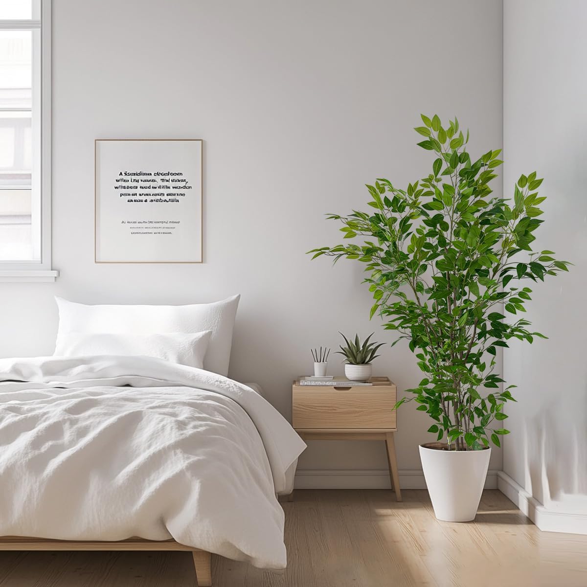 Artificial Ficus Tree with Green Leaves, 6 ft Tall, Indoor Plant with Decorative Beige Planter