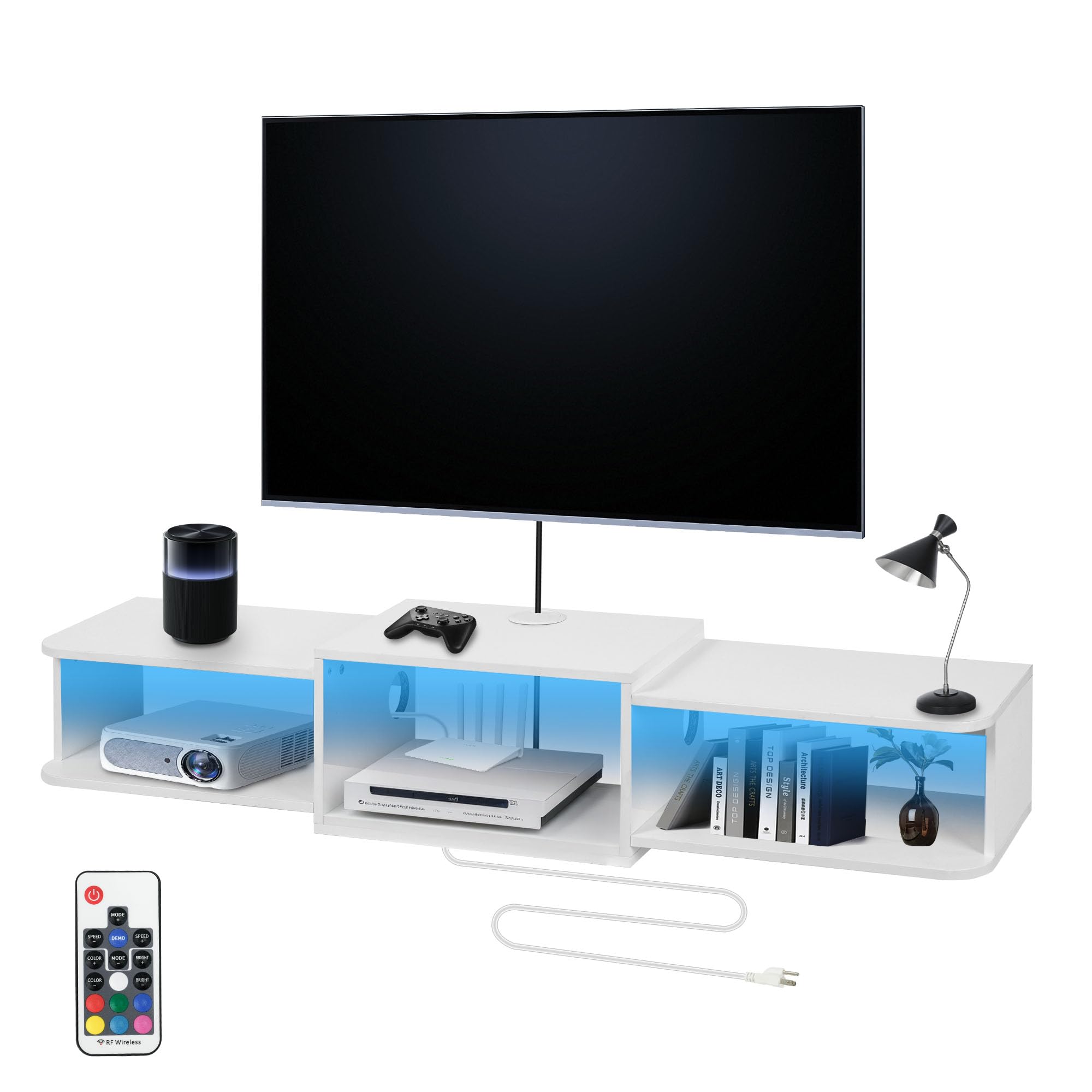 Mounted Floating TV Stand with LED Lighting, Modern Wooden Media Console