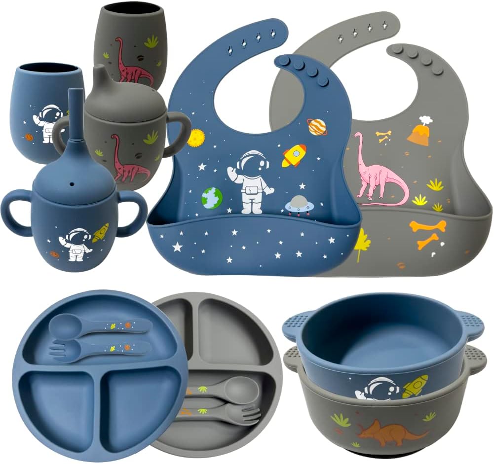 Feeding Set With Plates, Utensils, Adjustable Bib, Suction Bowl, Divided Plate