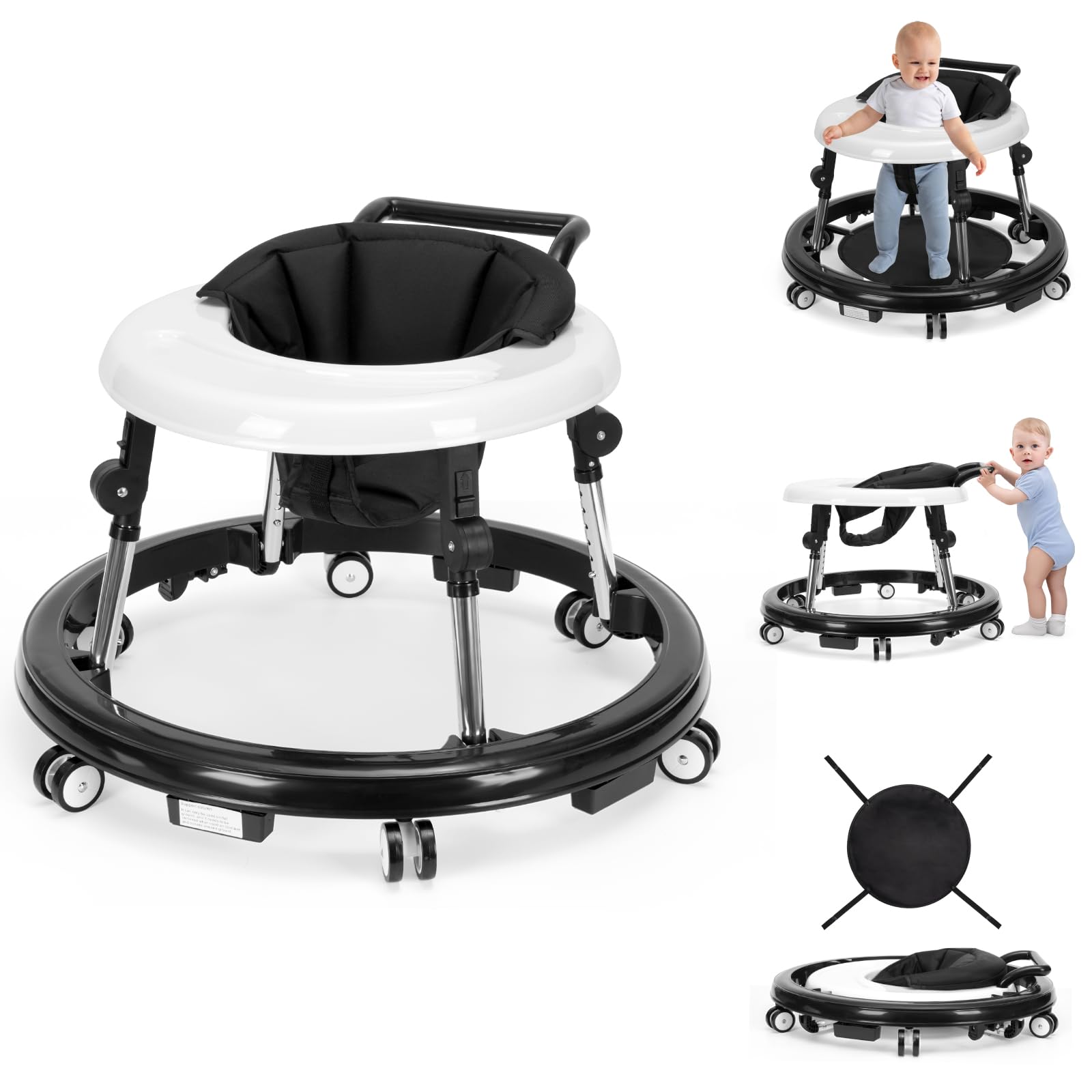 Walker Foldable with 9 Adjustable Heights, Baby Walker with Wheels Portable