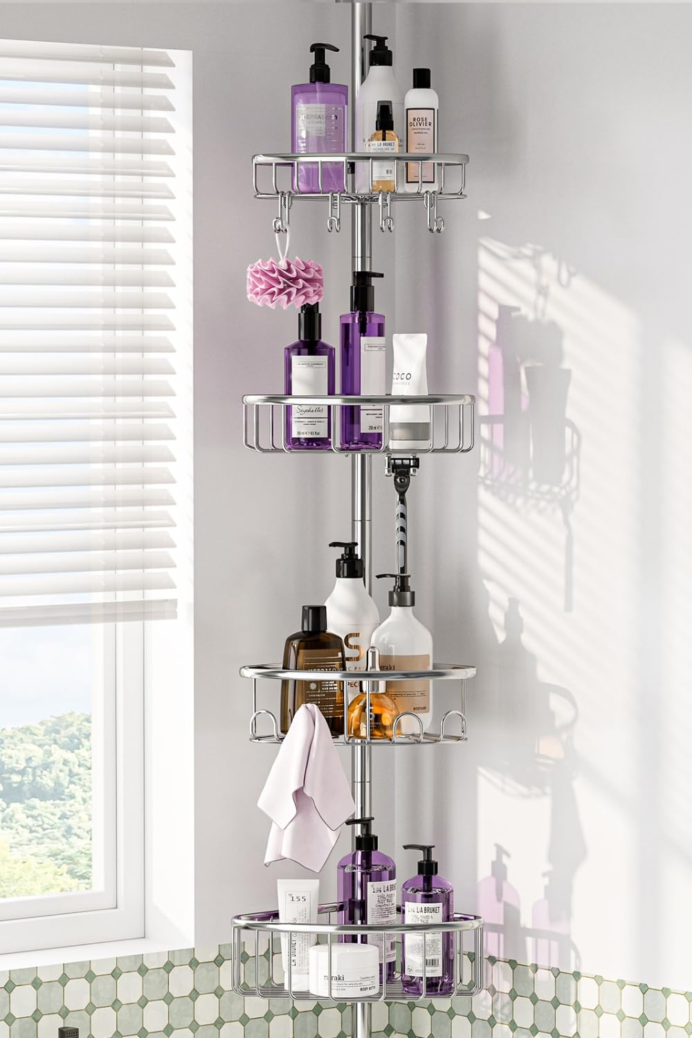 Corner Shower Caddy Tension Pole: Stainless Steel Rustproof 4-Tier Shower Organizer