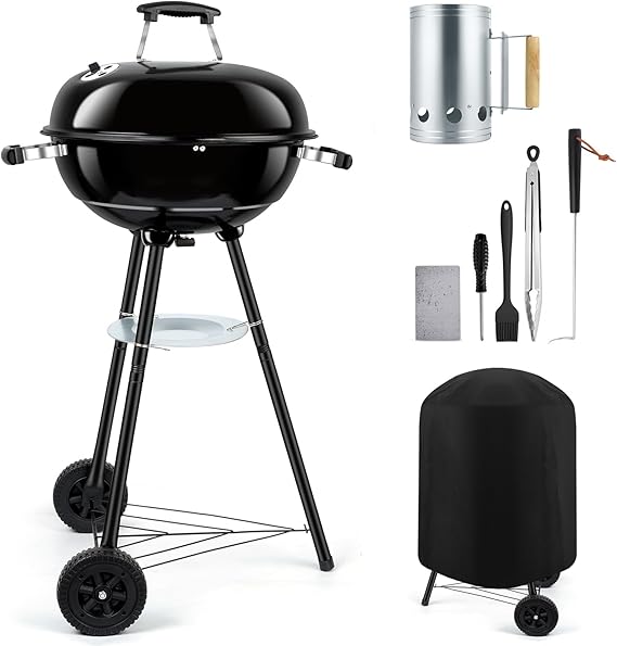 18 Inch Kettle Charcoal Grill, Leonyo Outdoor Barbecue Kettle Grill, Portable Round Smoker