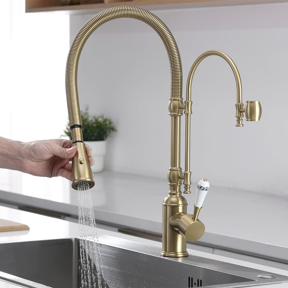 Kitchen Faucets Brushed Gold Kitchen Sink Faucet with Pull Down Sprayer High