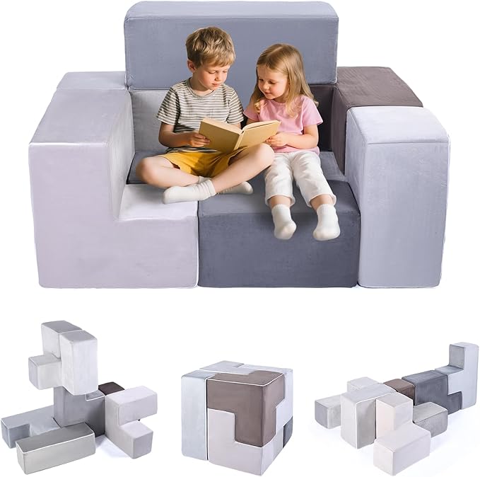 Modular Kids Play Sofa, 7 PCS Soft Kids Nugget Play Couch for Soma Cube Blocks