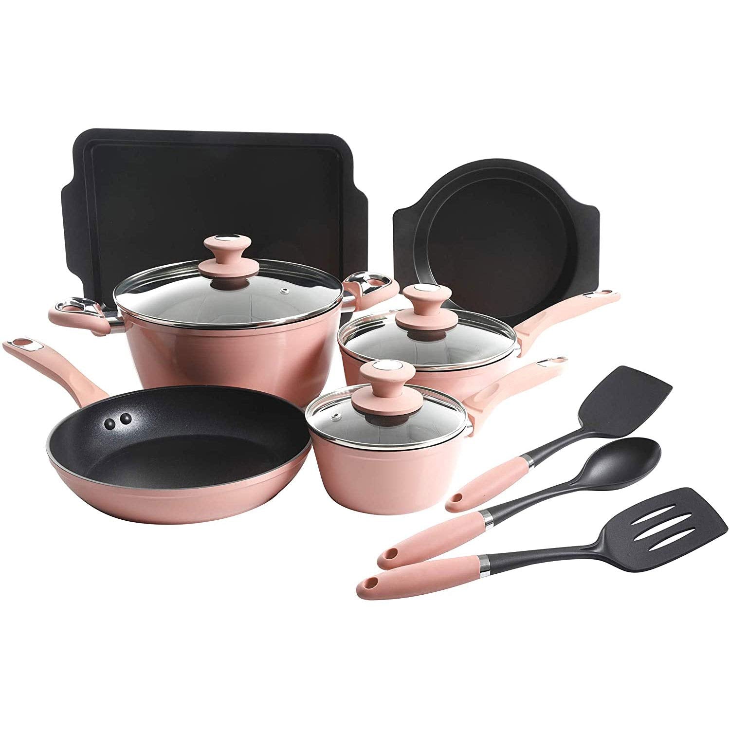 12 pc Dusty Rose Aluminum Cookware Combo Set - Nonstick - Induction Base