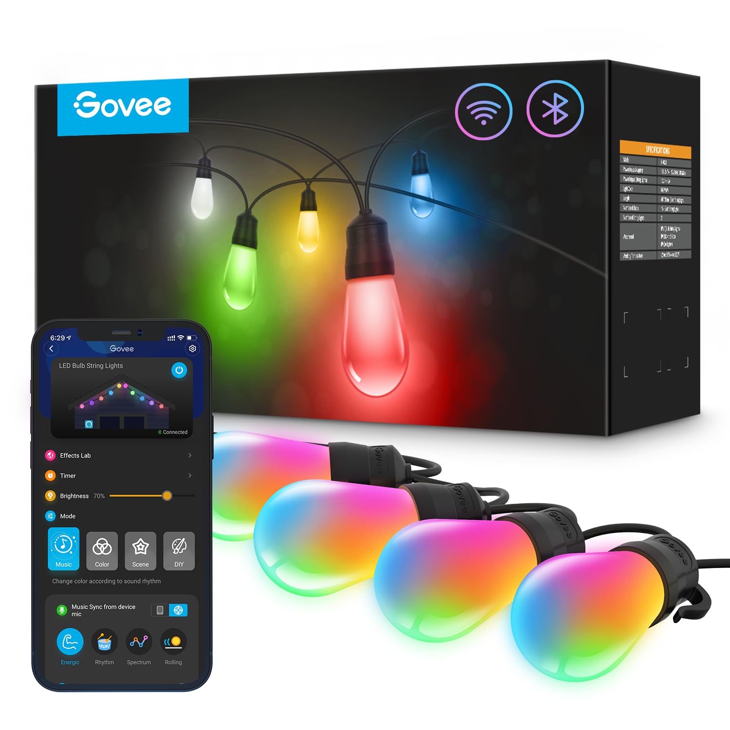 Smart Outdoor String Lights H7021, RGBIC Warm White 96ft (2 Ropes of 48ft) LED Bulbs