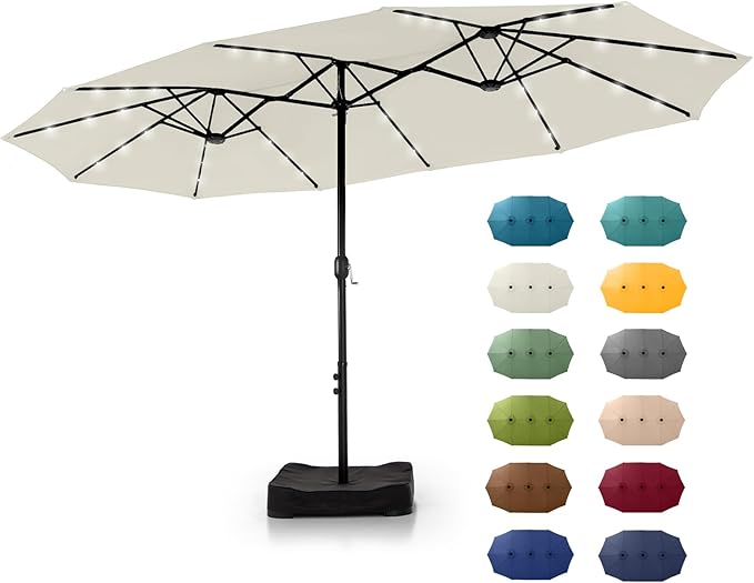 15 ft Rectangle Patio Umbrella with Solar Lights and Base Included