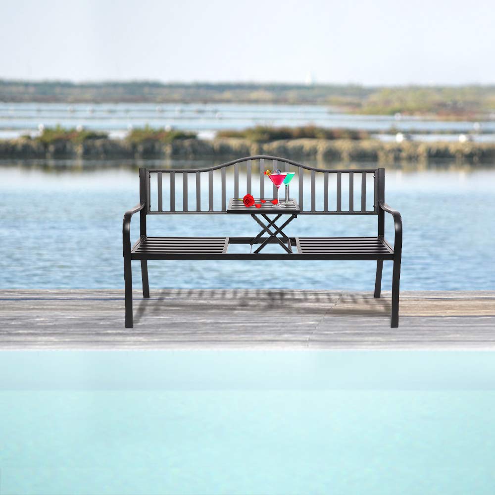 59" Outdoor Metal Bench Patio Bench with Built in Table Park Bench