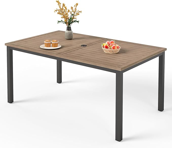 6-Person Outdoor Metal Steel Slat Dining Rectangle Table with Adjustable Umbrella Hole