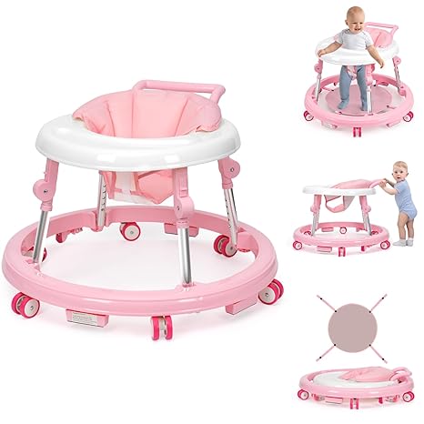 Walker Foldable with 9 Adjustable Heights, Baby Walker with Wheels Portable