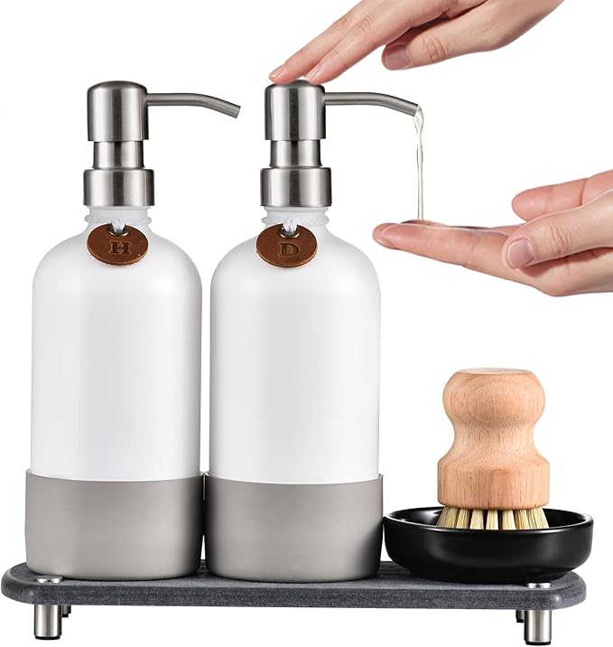 Hand and Dish Soap Dispenser Set, Kitchen Soap Dispenser Set with Handmade Leather Tag
