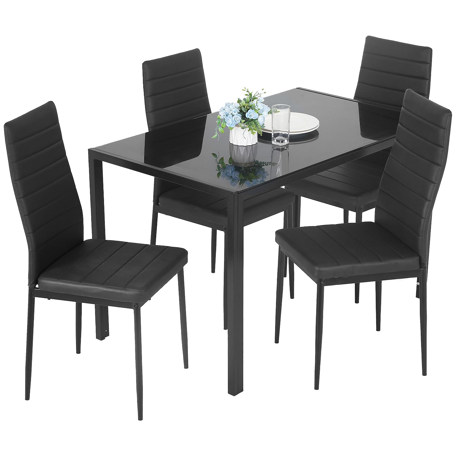 Dining Table Set 5-Piece Dining Room Glass Tabletop Table &Upholstered