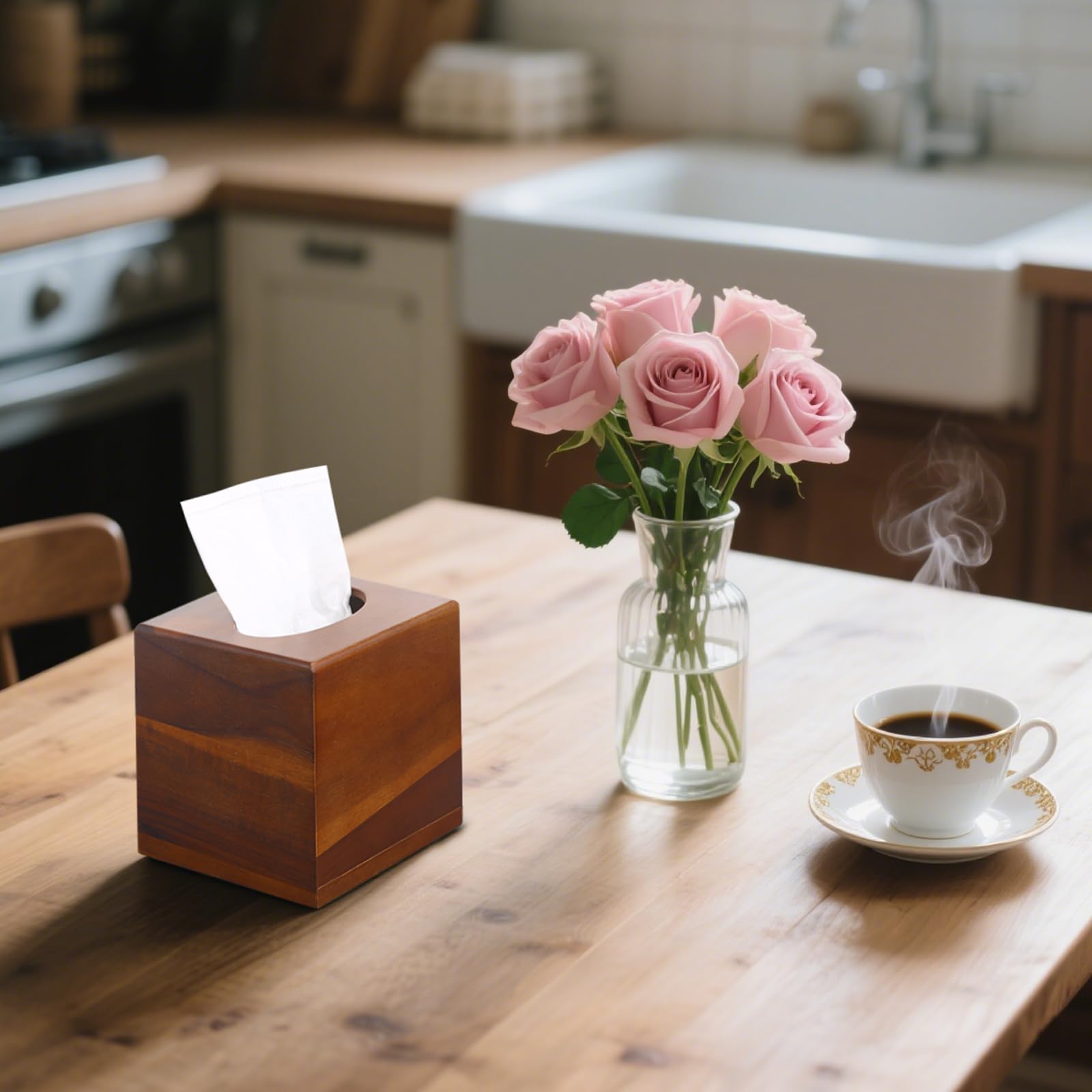 6 Pack Wooden Tissue Box Cover Square - Acacia Wood Tissue Box Holder for Tabletop