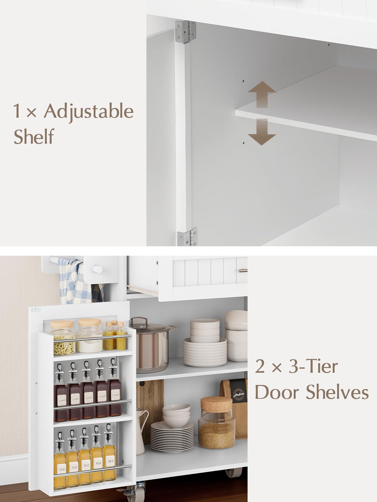 OtterOasis Kitchen Island with Storage, 31.5" D Rolling Kitchen Island Cart on Wheels with Widen Drop Leaf Rubberwood Top, Large Mobile Kitchen Island with Trash Can Storage and Towel Bar, White