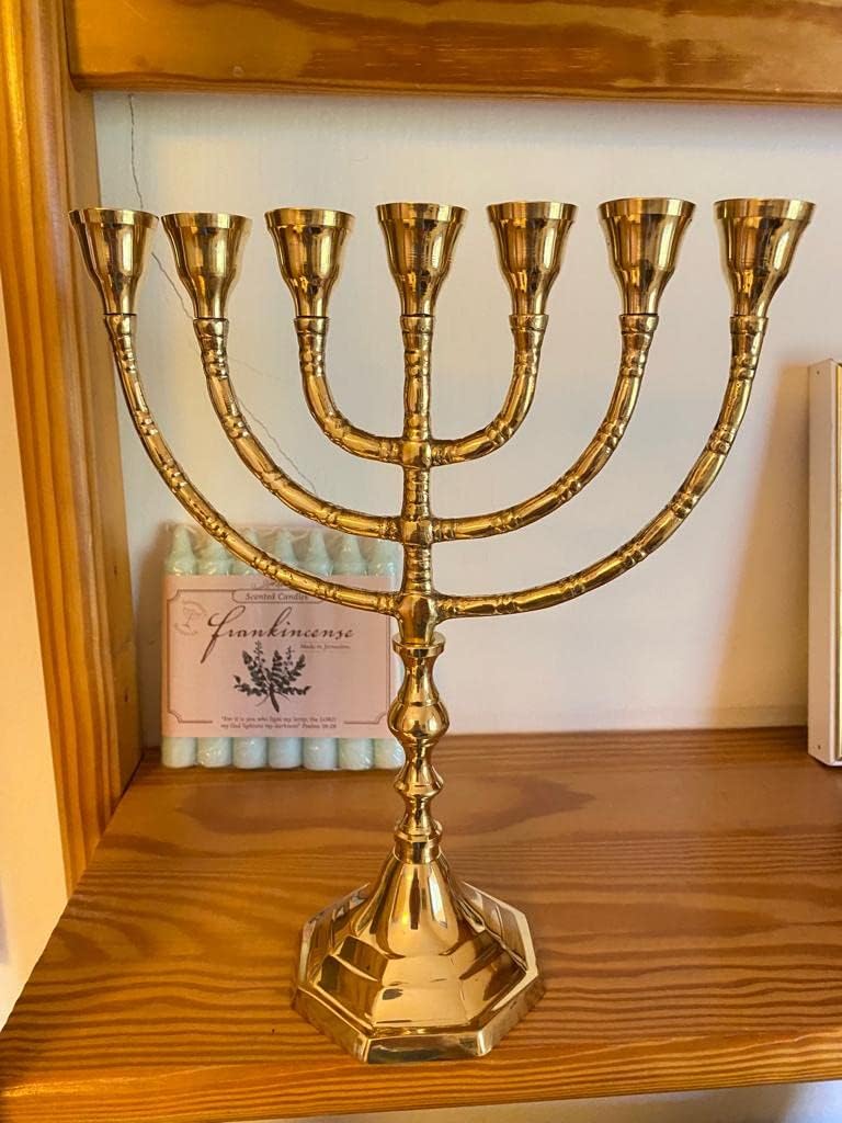 Authentic Brass Menorah - 7-Branch Candle Holder from Jerusalem, Israel - Antique Design