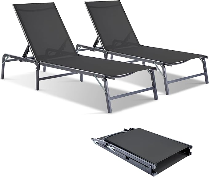 Outdoor Chaise Lounge Chair Set of 2 - Foldable Assemble-Free Outdoor Lounge